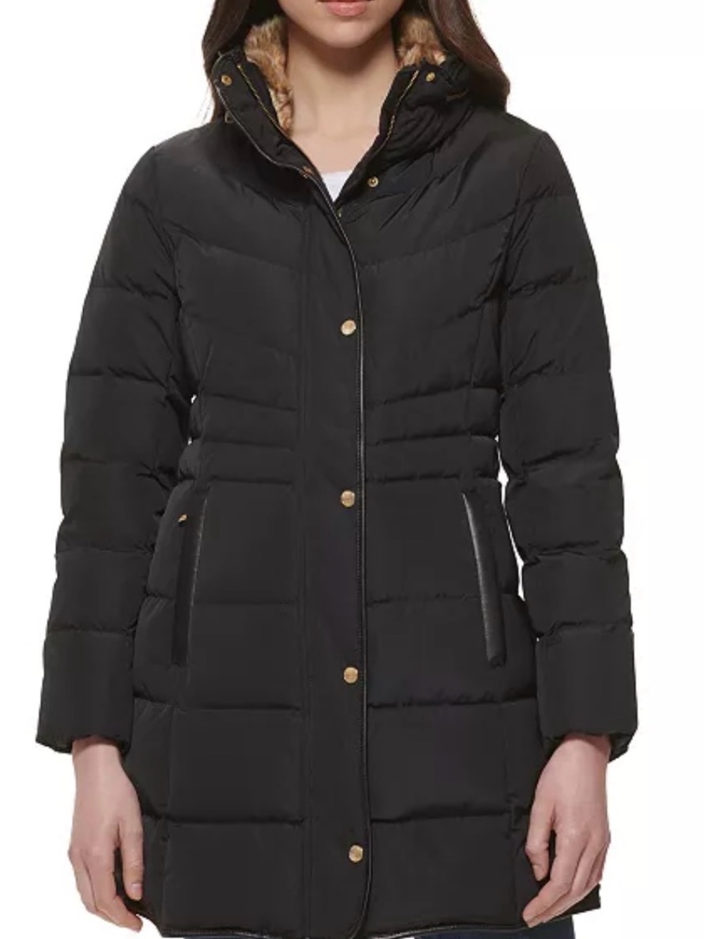 Cole Haan Black Quilted Long Puffer Coat with Faux-Fur Trim